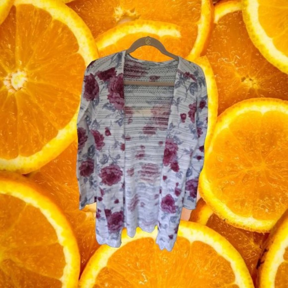 CHARLOTTE Russo Floral Open Front Sweater‎ with Crochet Bottom Size Large